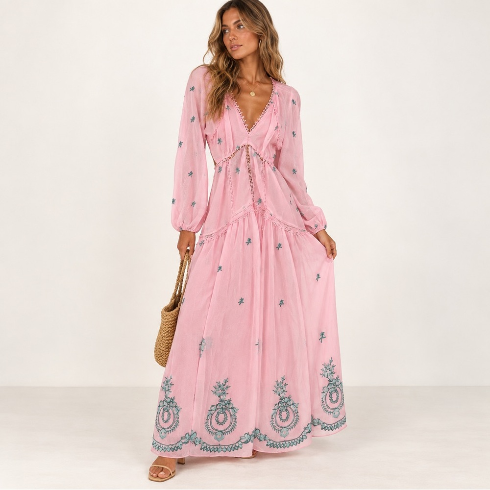 NWT ASOS Design Boho Pink Embroidered Maxi open back Dress Sz 2